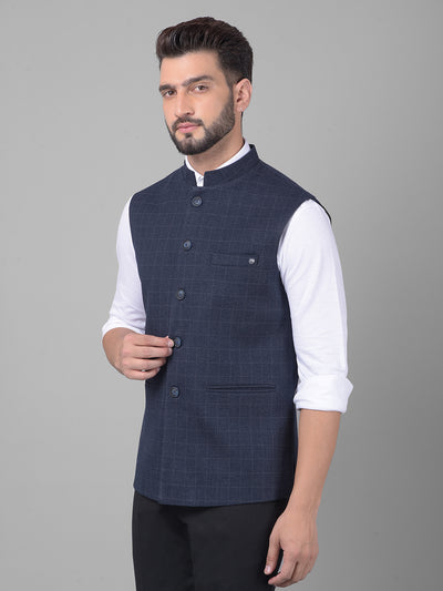 Navy Blue Checked Waistcoat-Men Waistcoats-Crimsoune Club