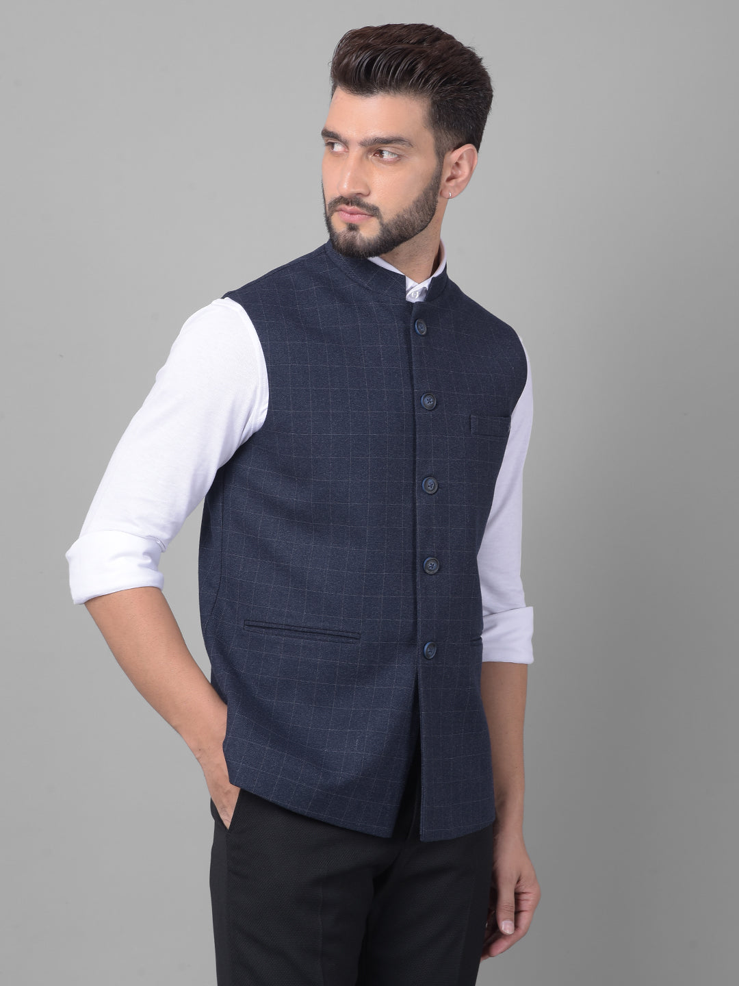 Navy Blue Checked Waistcoat-Men Waistcoats-Crimsoune Club