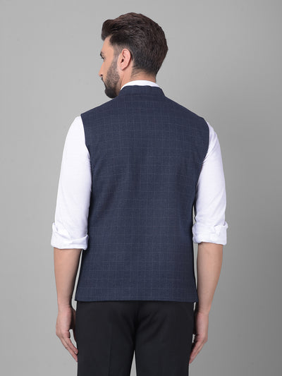 Navy Blue Checked Waistcoat-Men Waistcoats-Crimsoune Club