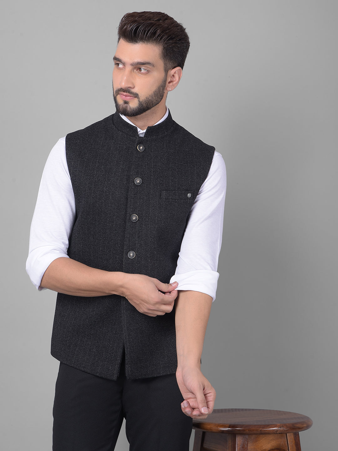 Black Striped Waistcoat-Men Waistcoats-Crimsoune Club