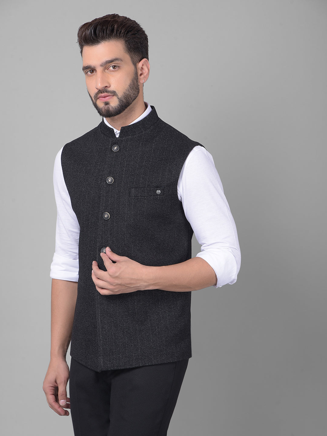 Black Striped Waistcoat-Men Waistcoats-Crimsoune Club