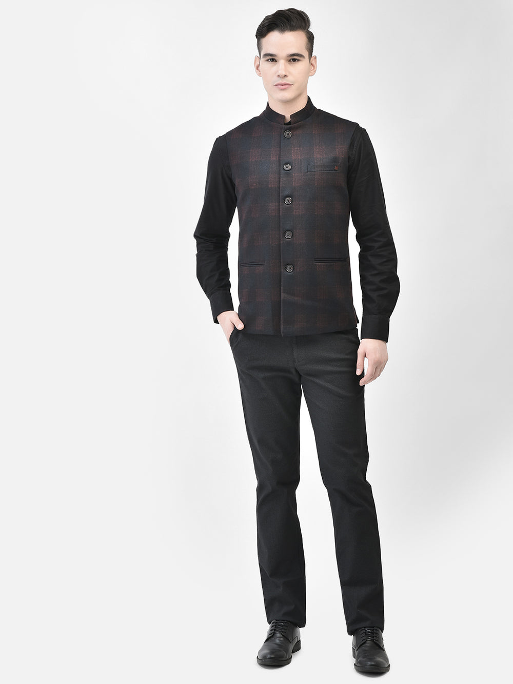 Wine Checked Waistcoat-Men Waistcoats-Crimsoune Club