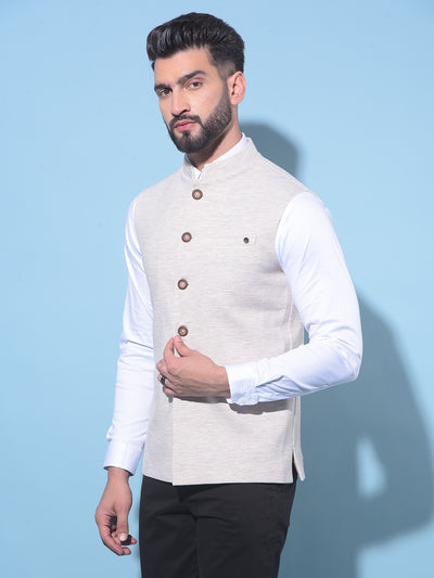 Beige Textured Printed Single-Breasted Waistcoat-Men Waistcoats-Crimsoune Club