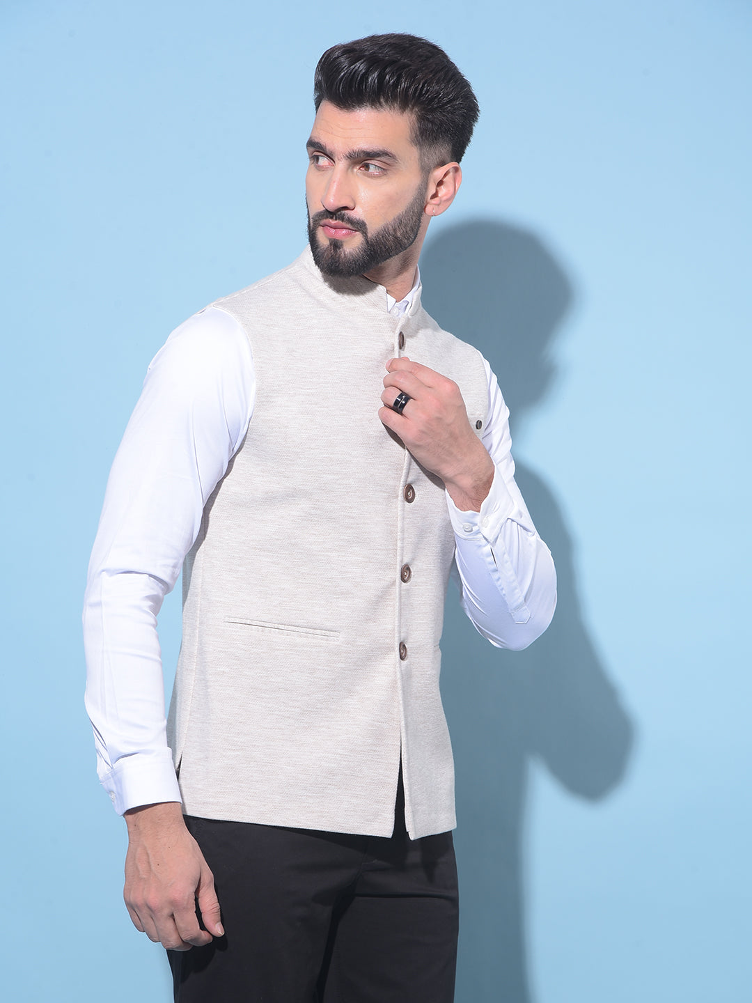 Beige Textured Printed Single-Breasted Waistcoat-Men Waistcoats-Crimsoune Club