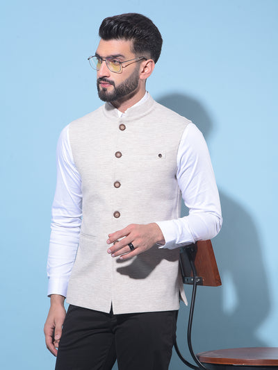 Beige Textured Printed Single-Breasted Waistcoat-Men Waistcoats-Crimsoune Club