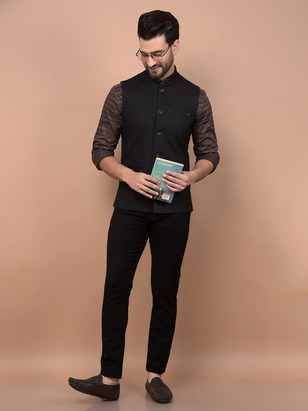 Black Printed Waist Coat-Men Waistcoats-Crimsoune Club
