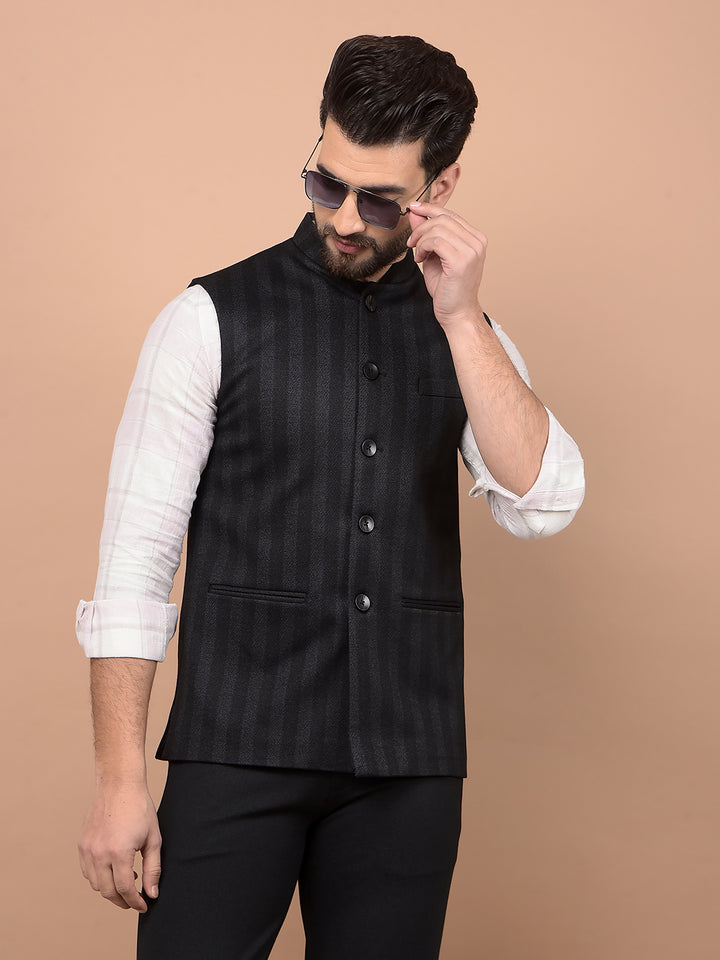 Black Vertical Stripes Waist Coat-Men Waistcoats-Crimsoune Club