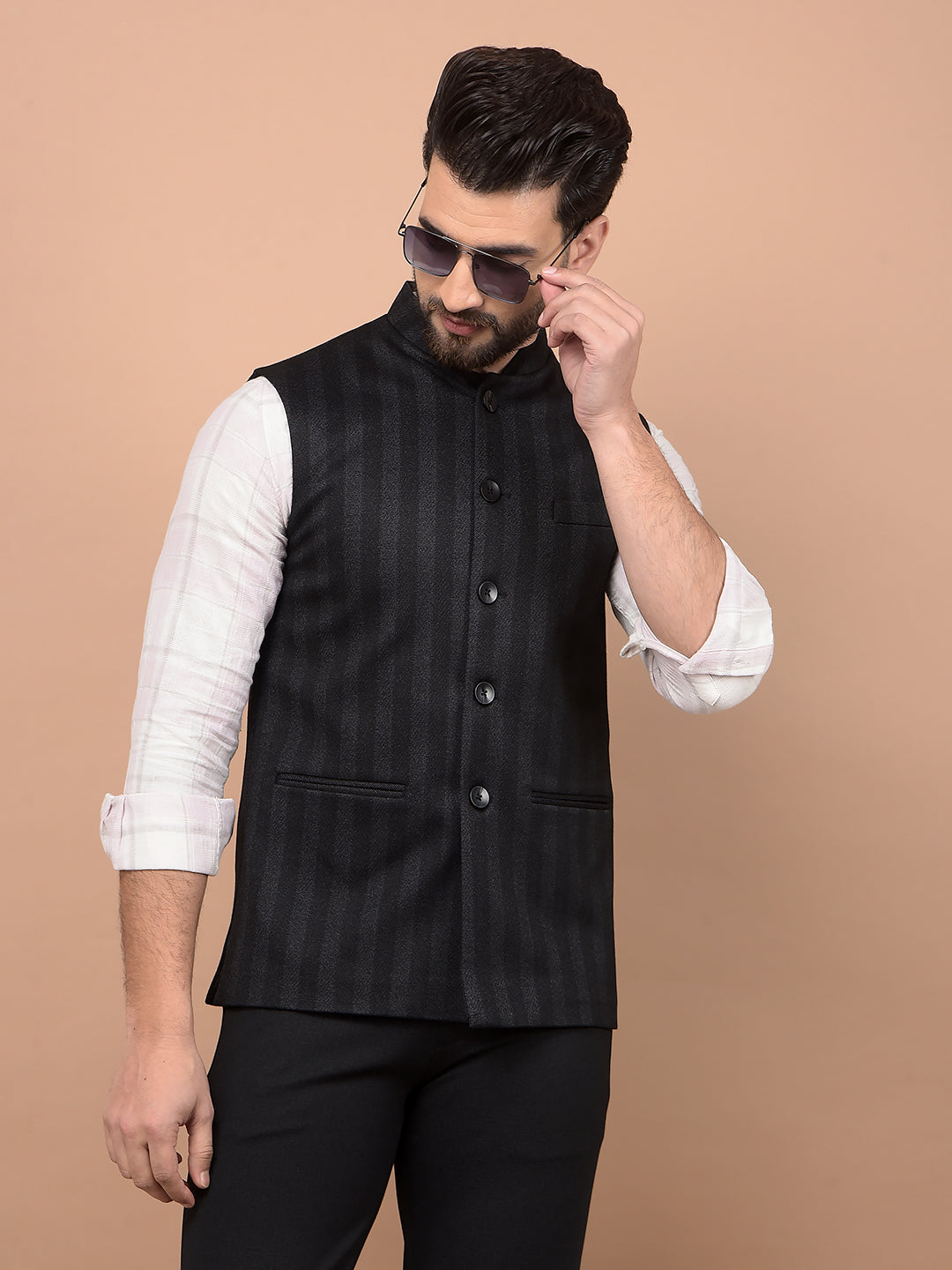 Black Vertical Stripes Waist Coat-Men Waistcoats-Crimsoune Club
