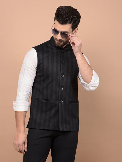 Black Vertical Stripes Waist Coat-Men Waistcoats-Crimsoune Club