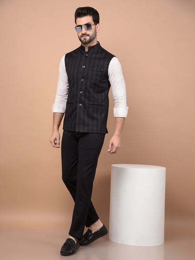 Black Vertical Stripes Waist Coat-Men Waistcoats-Crimsoune Club