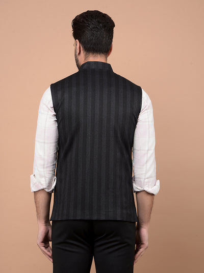 Black Vertical Stripes Waist Coat-Men Waistcoats-Crimsoune Club
