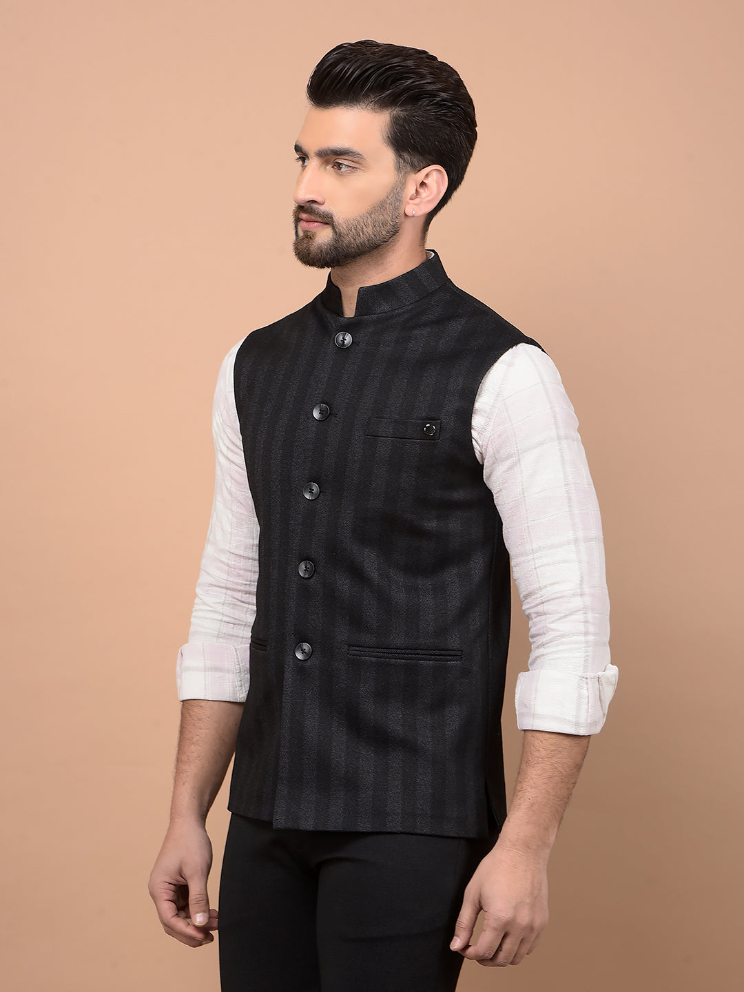 Black Vertical Stripes Waist Coat-Men Waistcoats-Crimsoune Club