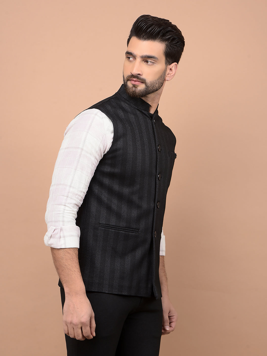 Black Vertical Stripes Waist Coat-Men Waistcoats-Crimsoune Club