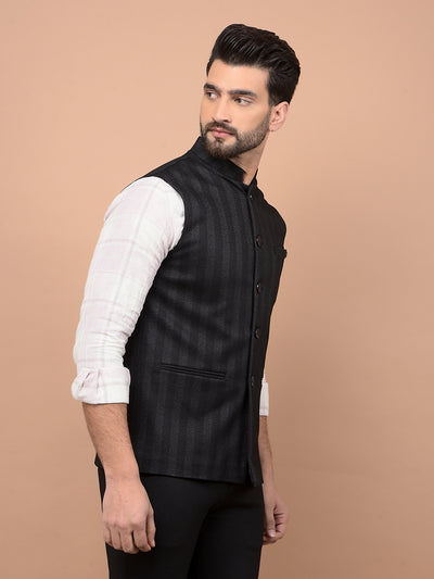 Black Vertical Stripes Waist Coat-Men Waistcoats-Crimsoune Club