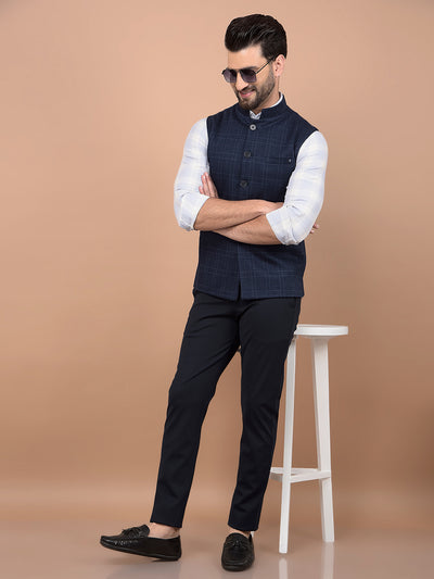 Blue Checked Waist Coat-Men Waistcoats-Crimsoune Club