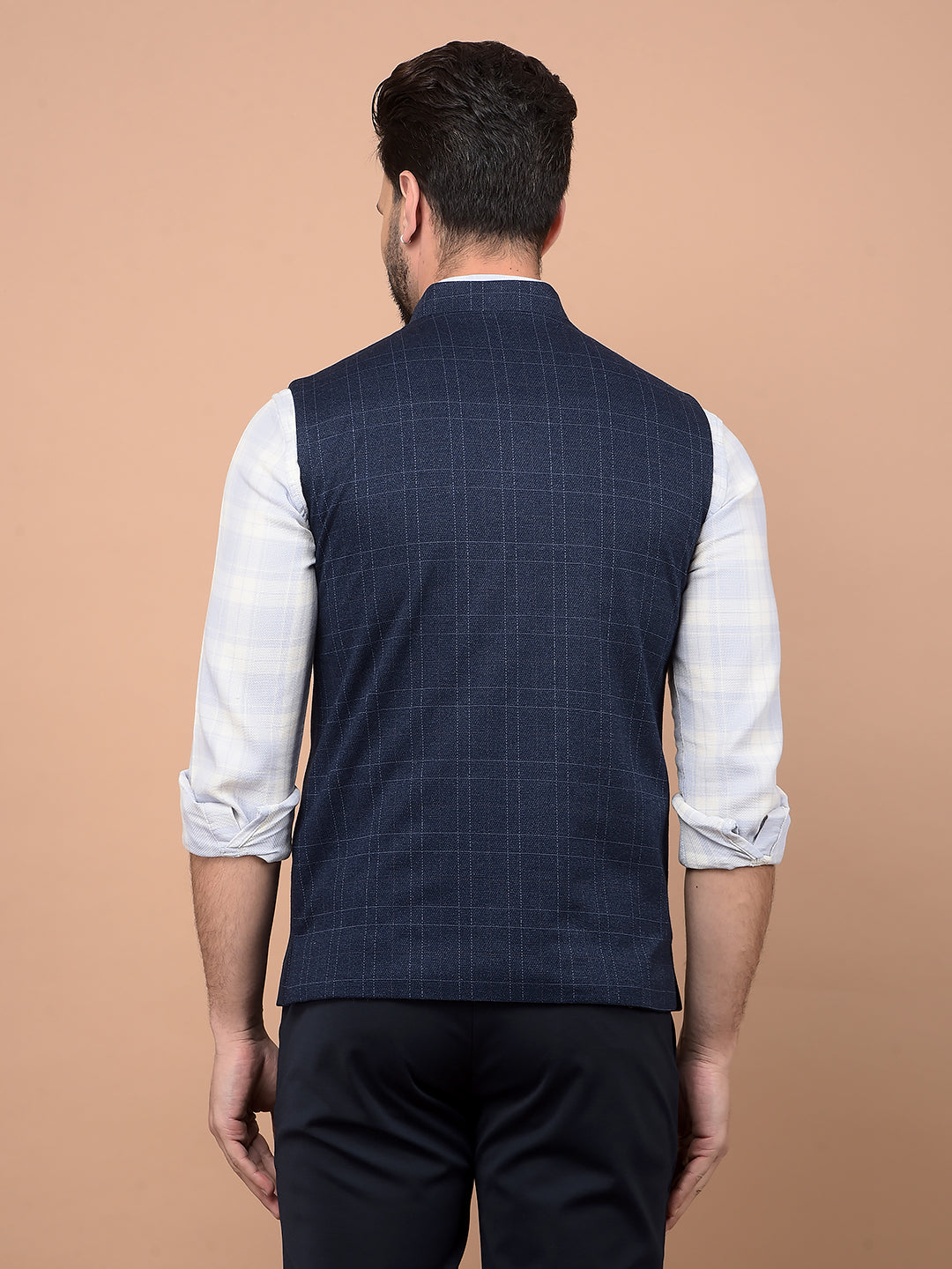 Blue Checked Waist Coat-Men Waistcoats-Crimsoune Club