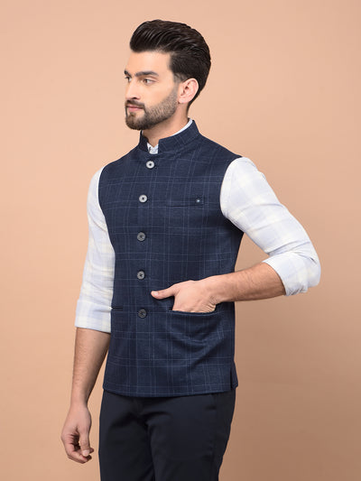 Blue Checked Waist Coat-Men Waistcoats-Crimsoune Club