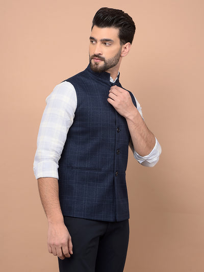 Blue Checked Waist Coat-Men Waistcoats-Crimsoune Club