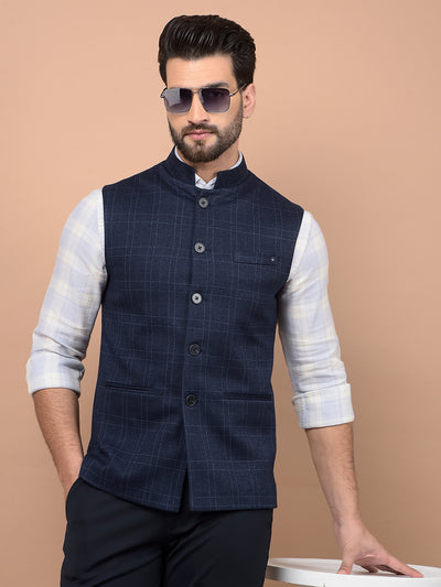 Blue Checked Waist Coat-Men Waistcoats-Crimsoune Club