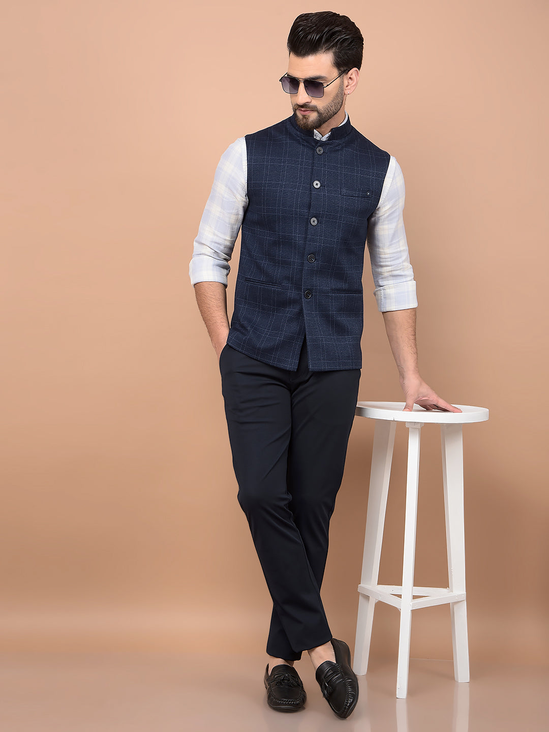 Blue Checked Waist Coat-Men Waistcoats-Crimsoune Club