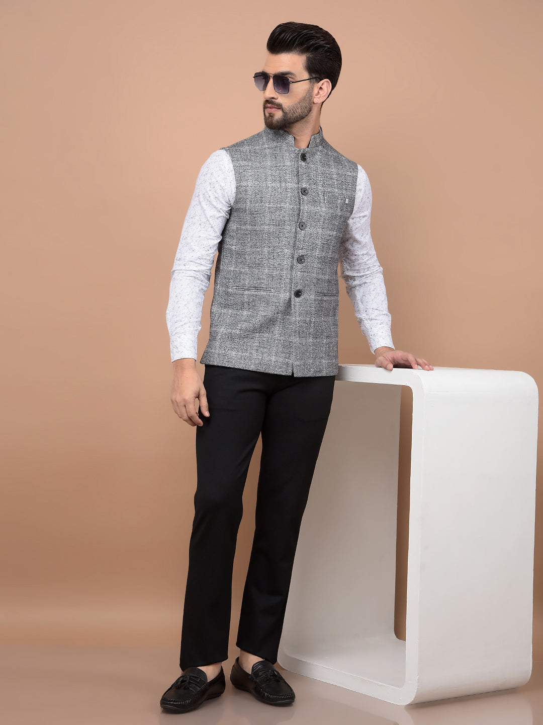 Grey Checked Waist Coat-Men Waistcoats-Crimsoune Club