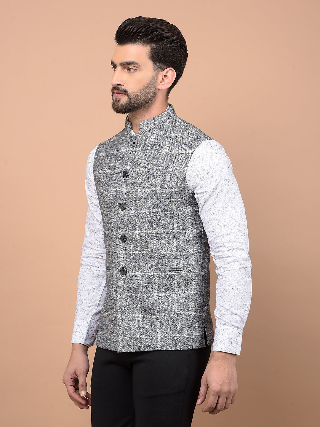 Grey Checked Waist Coat-Men Waistcoats-Crimsoune Club