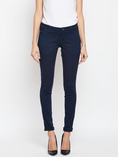 Navy Blue Solid Trouser-Women Trousers-Crimsoune Club