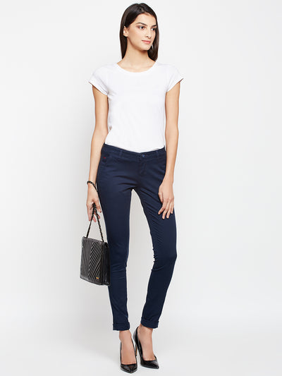 Navy Blue Solid Trouser-Women Trousers-Crimsoune Club