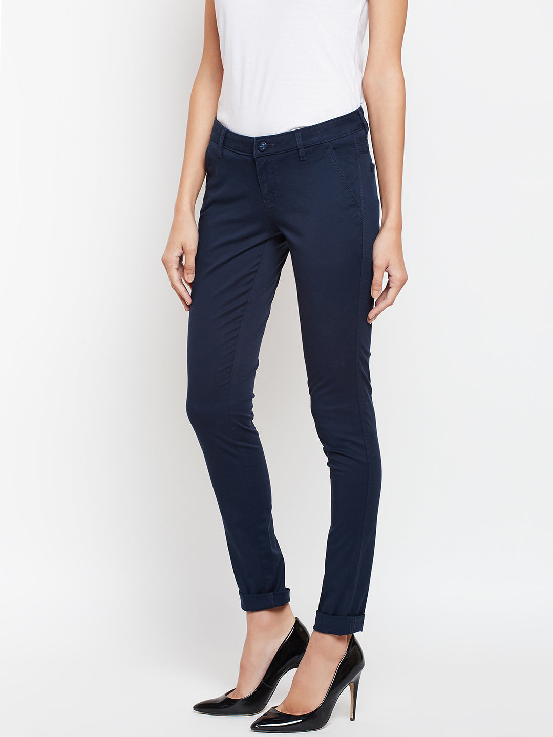 Navy Blue Solid Trouser-Women Trousers-Crimsoune Club