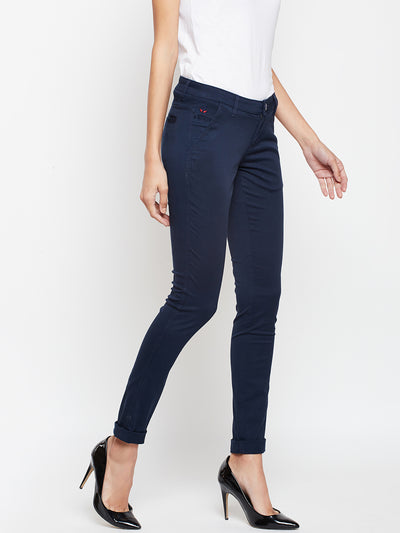 Navy Blue Solid Trouser-Women Trousers-Crimsoune Club