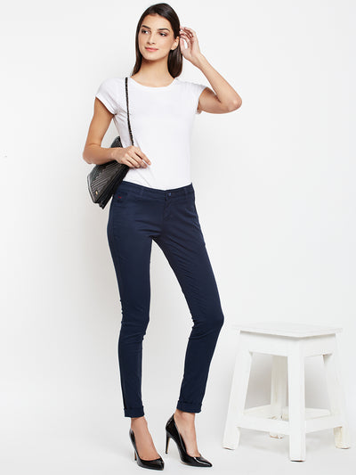 Navy Blue Solid Trouser-Women Trousers-Crimsoune Club