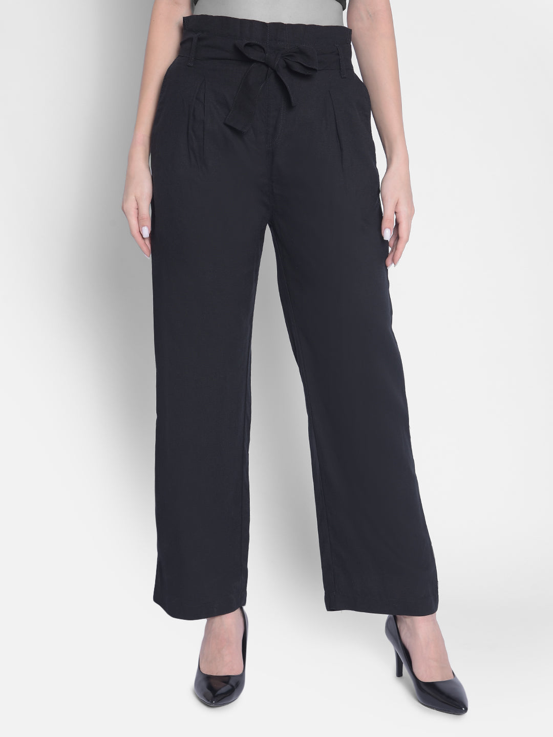 Black Straight Culottes With Belt-Women Trousers-Crimsoune Club