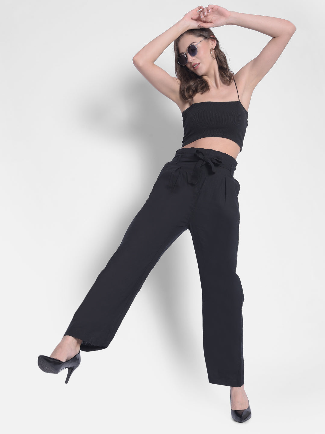 Black Straight Culottes With Belt-Women Trousers-Crimsoune Club