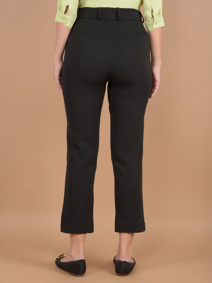 Black Straight Stretchable Trousers-Women Trousers-Crimsoune Club