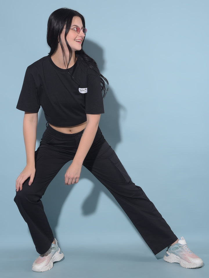 Black Cargo Trousers-Women Trousers-Crimsoune Club