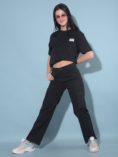 Black Cargo Trousers-Women Trousers-Crimsoune Club