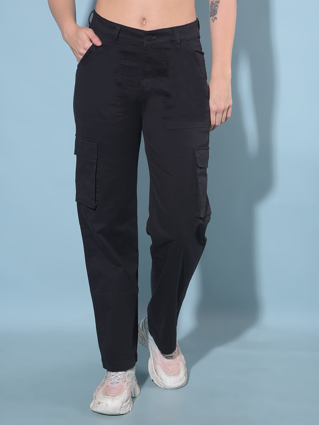 Black Cargo Trousers-Women Trousers-Crimsoune Club