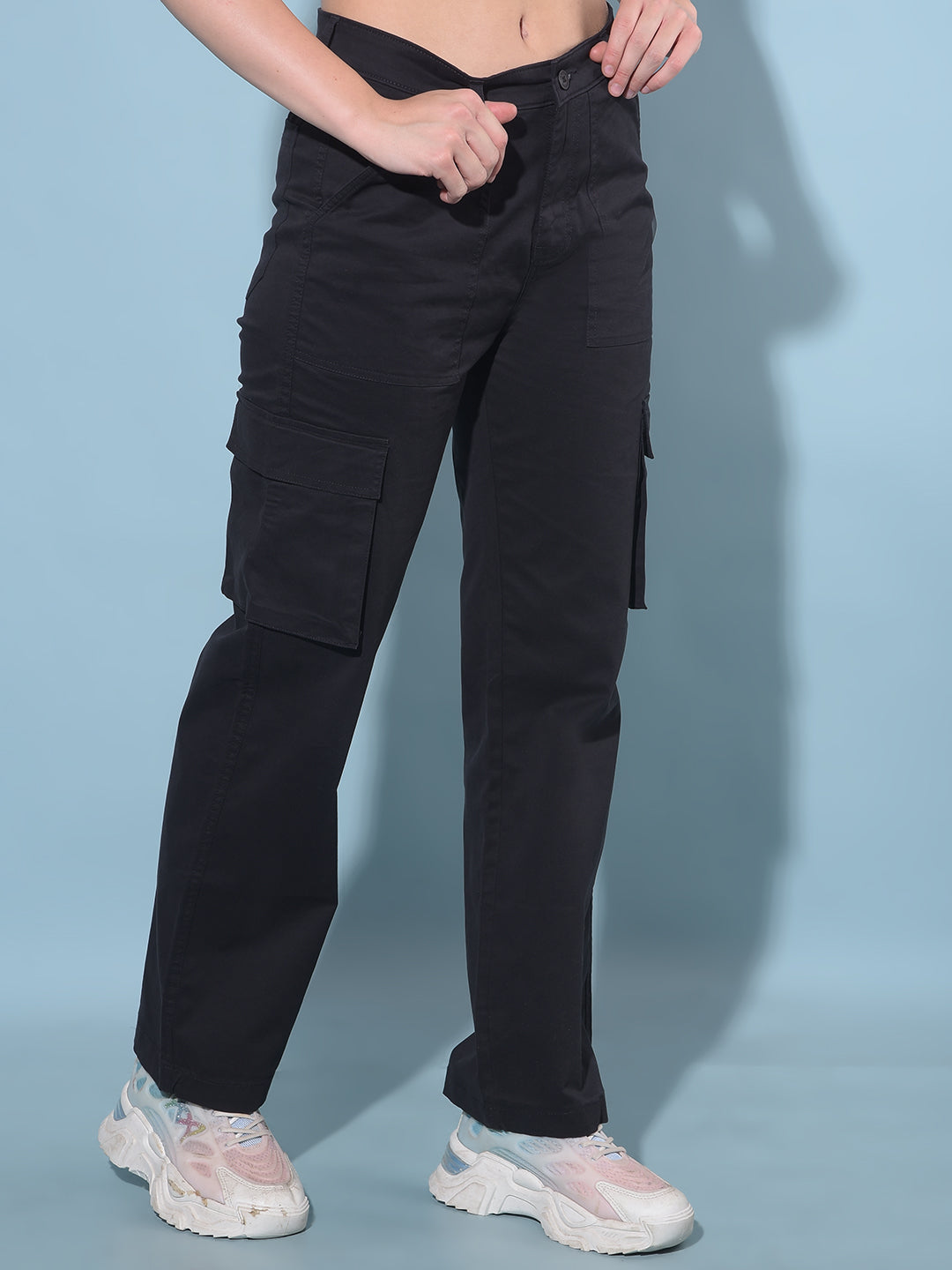 Black Cargo Trousers-Women Trousers-Crimsoune Club