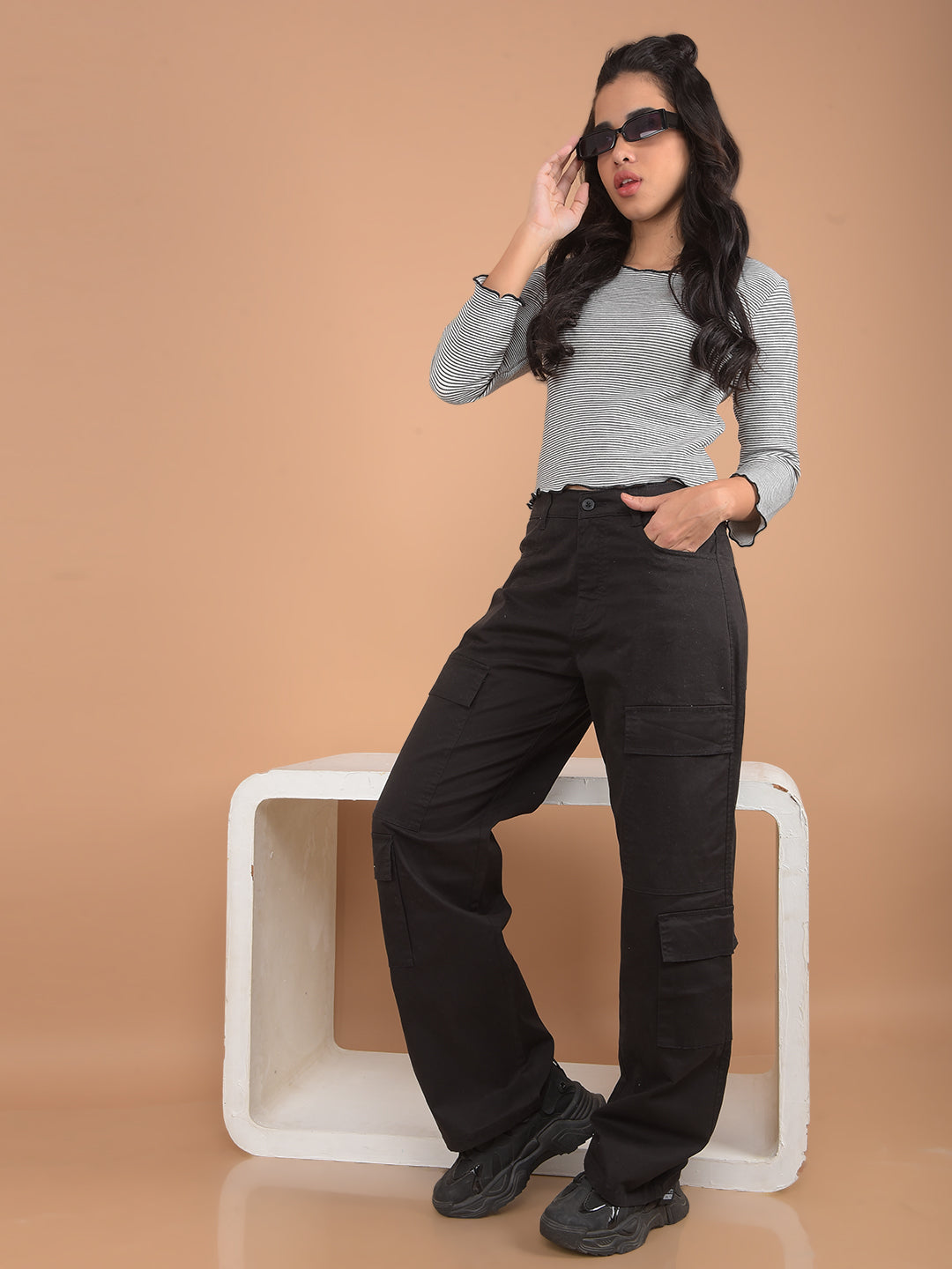 Black Loose Fit Cargo Trousers – Crimsoune Club - Main Image