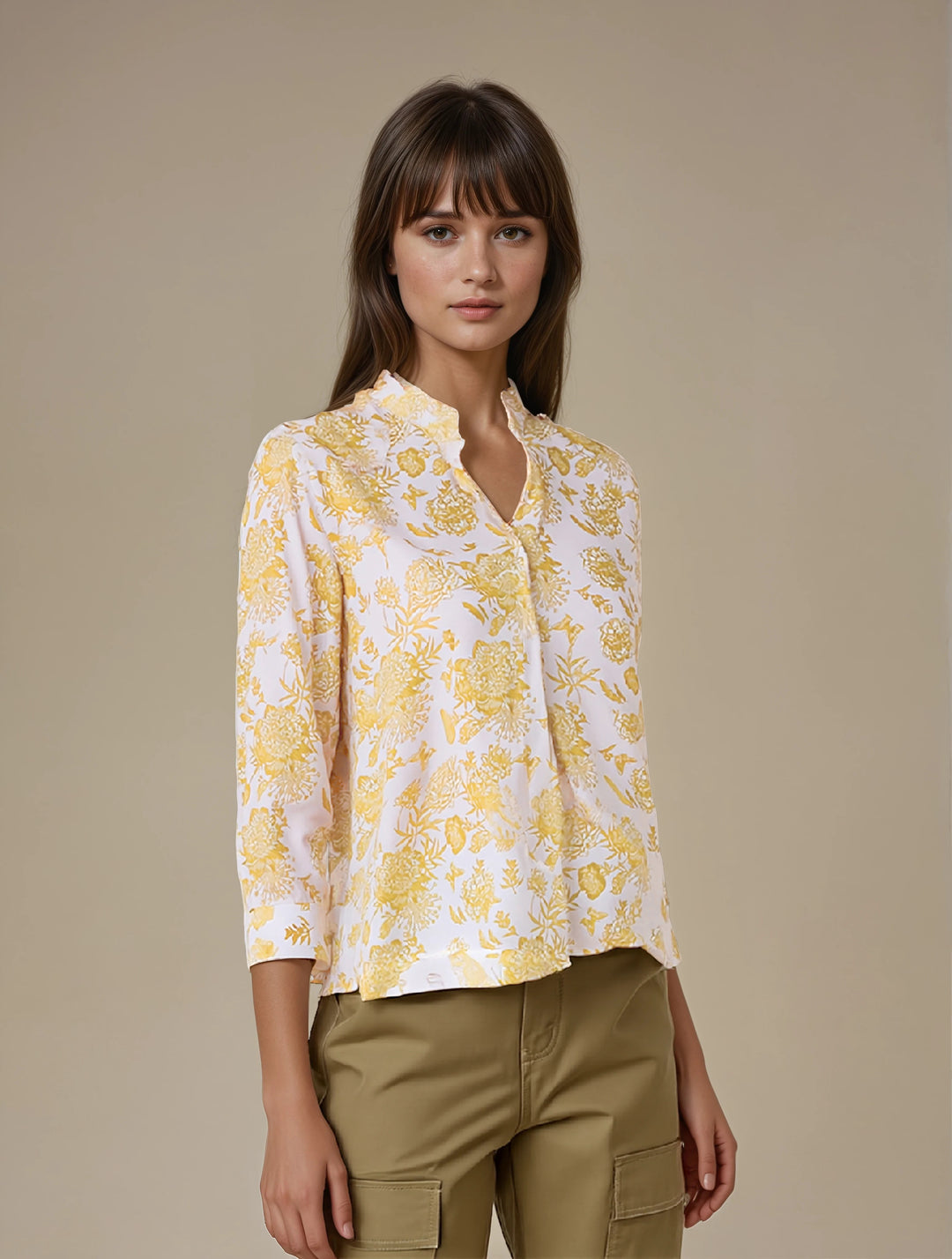 Mustard Floral Print V-Neck Top-Women Tops-Crimsoune Club