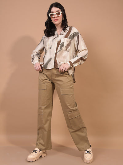 Women's Beige Cargo Trousers-Women Trousers-Crimsoune Club