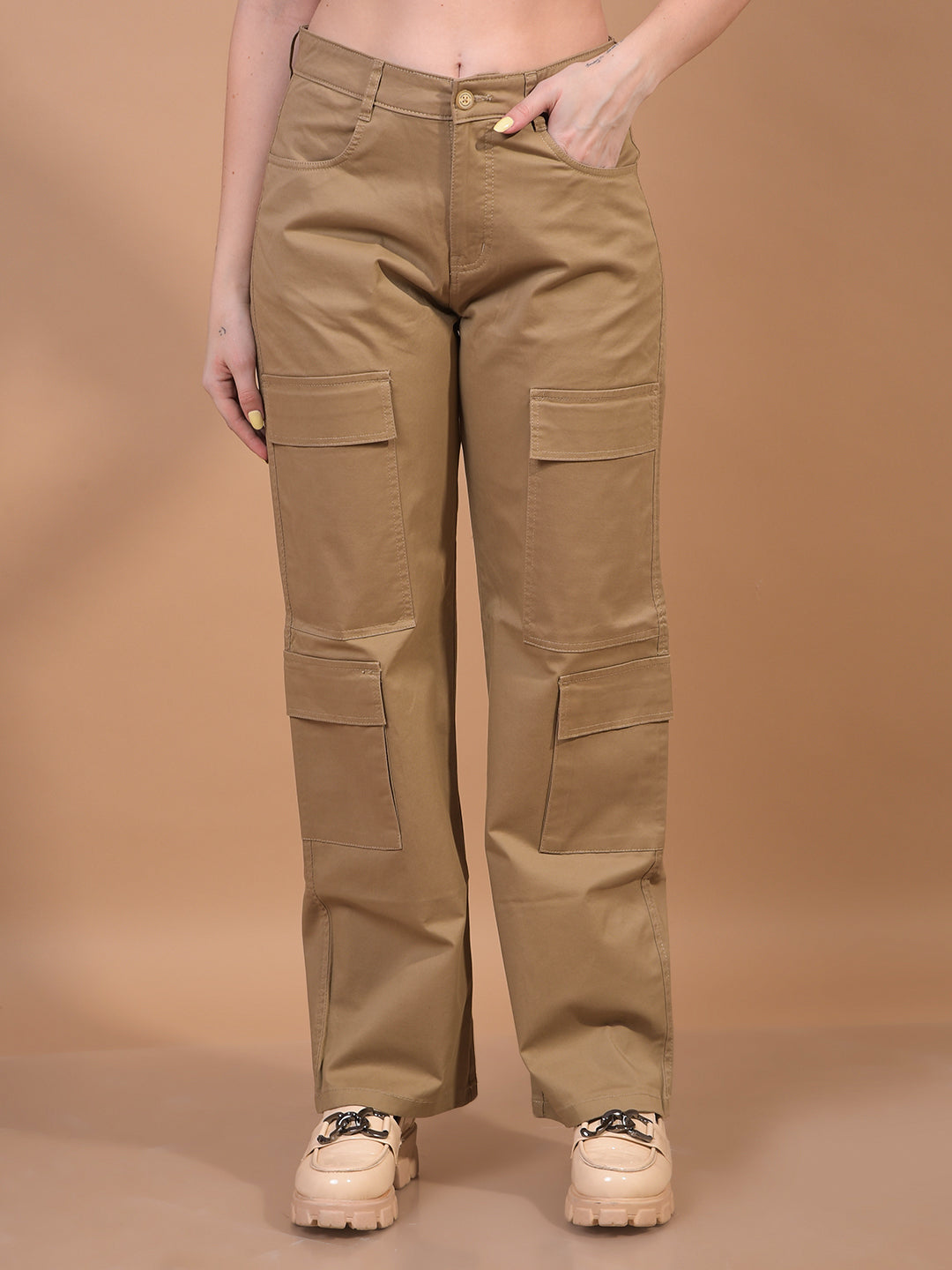 Women's Beige Cargo Trousers-Women Trousers-Crimsoune Club