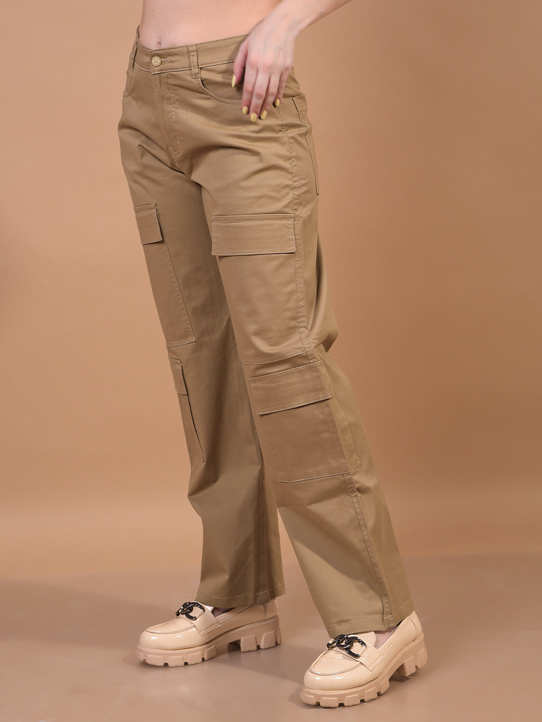 Women's Beige Cargo Trousers-Women Trousers-Crimsoune Club