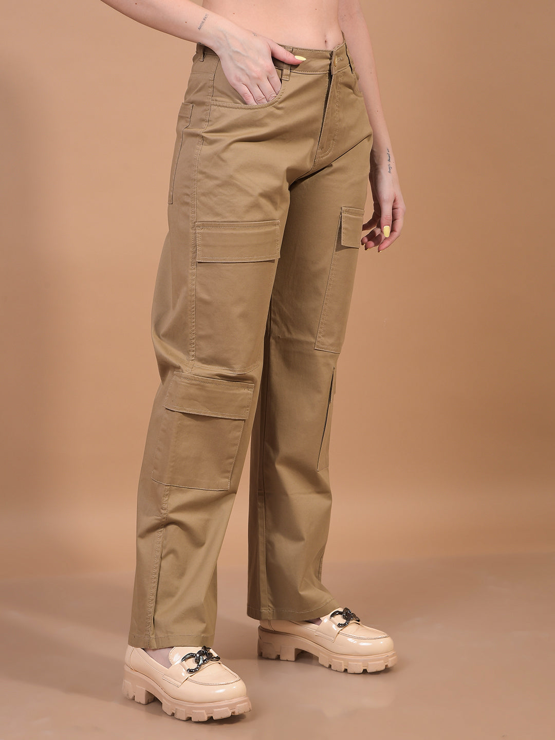 Women's Beige Cargo Trousers-Women Trousers-Crimsoune Club