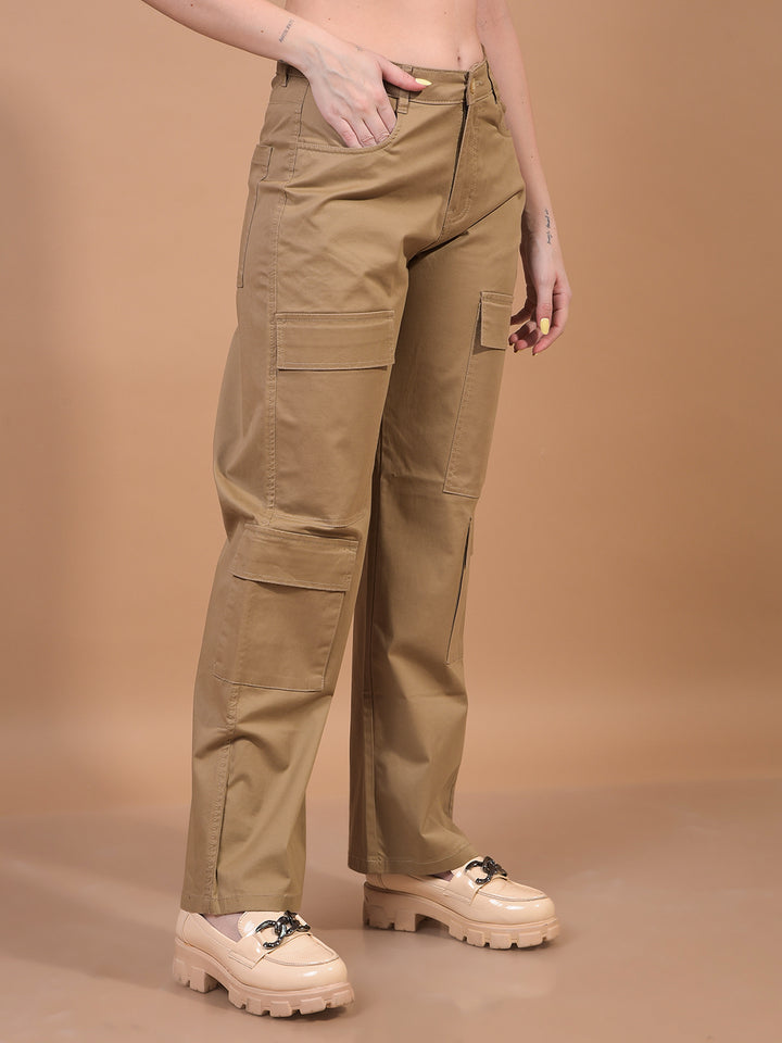 Women's Beige Cargo Trousers-Women Trousers-Crimsoune Club