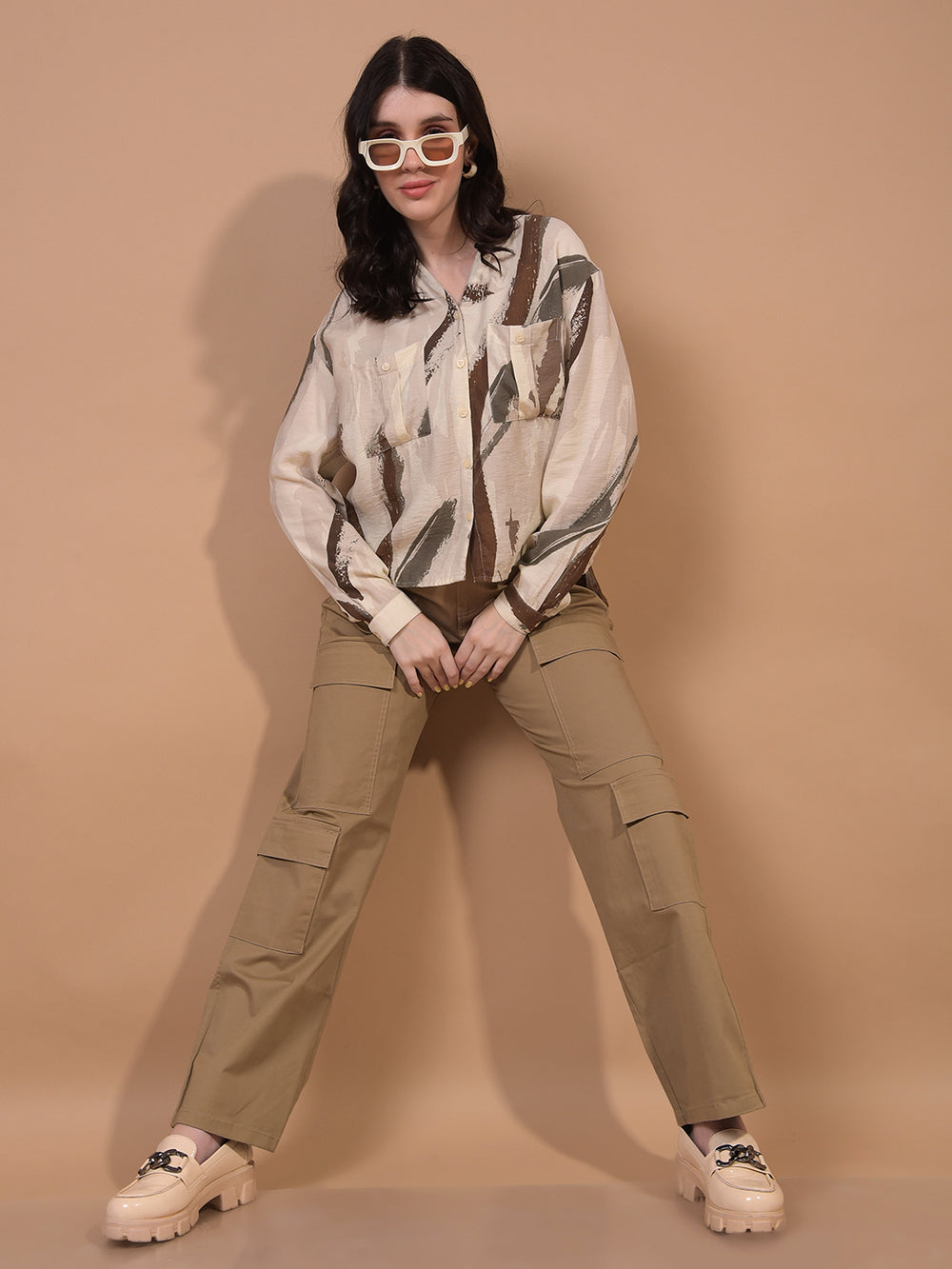 Women's Beige Cargo Trousers-Women Trousers-Crimsoune Club
