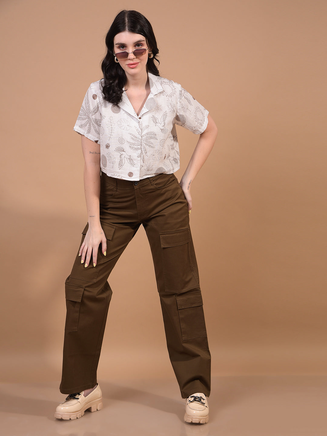 Women's Brown Cargo Trousers-Women Trousers-Crimsoune Club