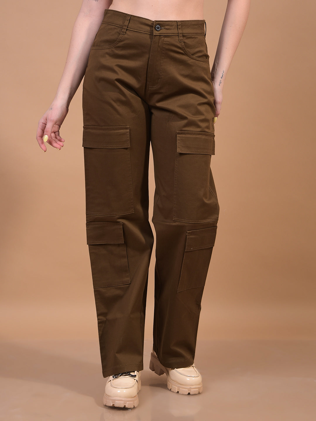 Women's Brown Cargo Trousers-Women Trousers-Crimsoune Club