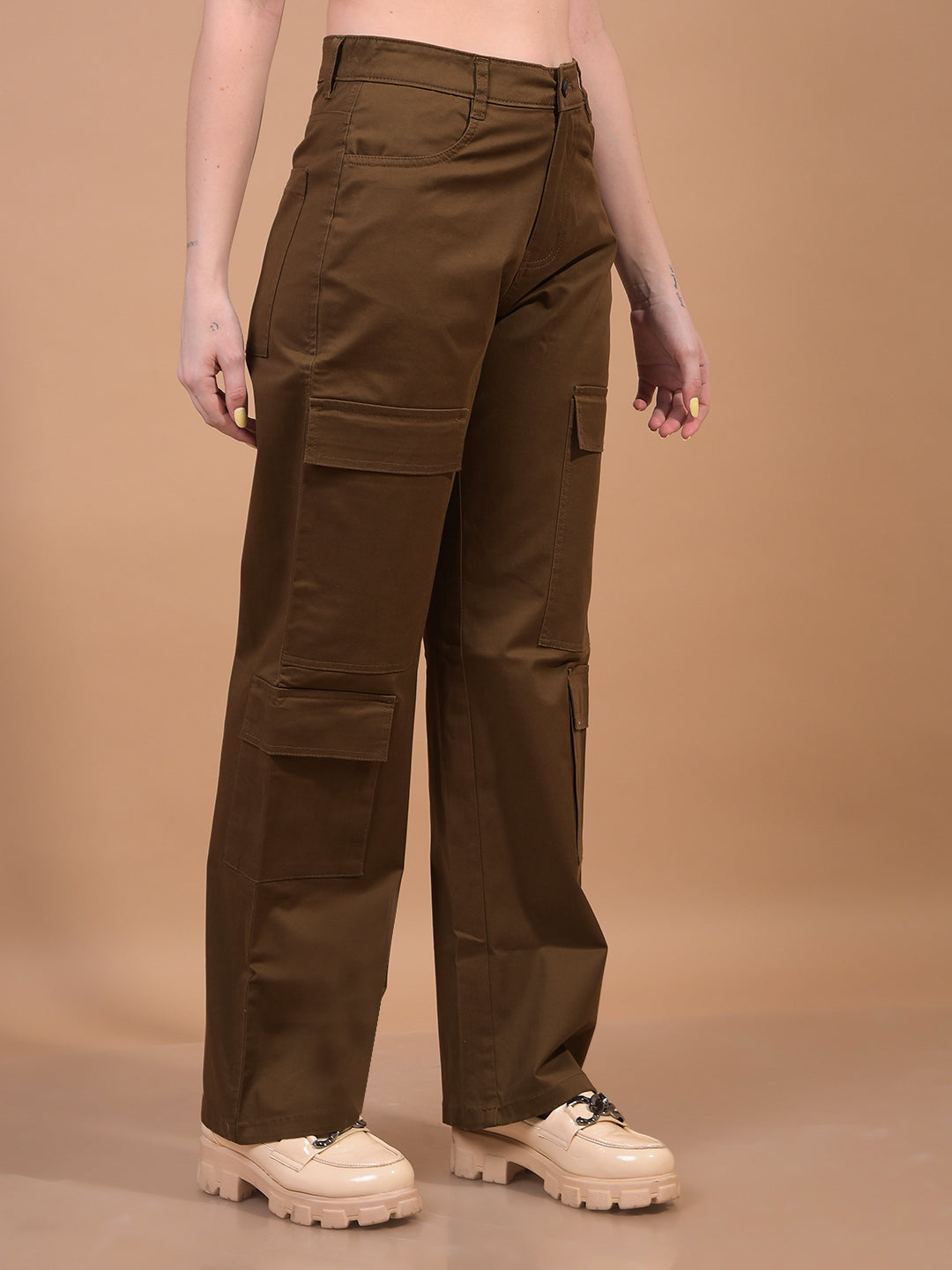 Women's Brown Cargo Trousers-Women Trousers-Crimsoune Club