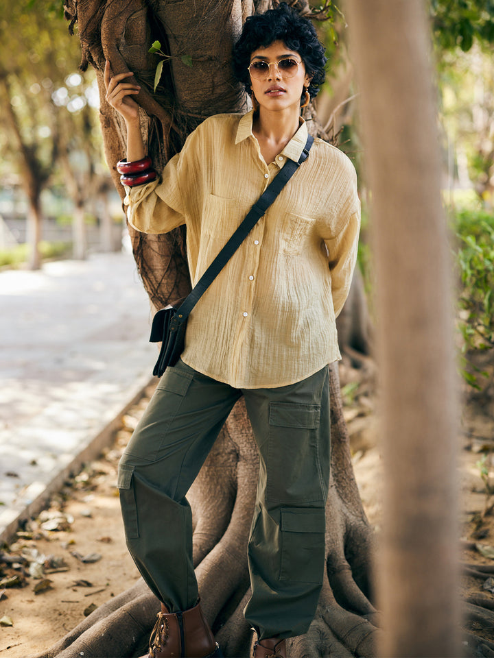 Green Cargo Trousers-Women Trousers-Crimsoune Club